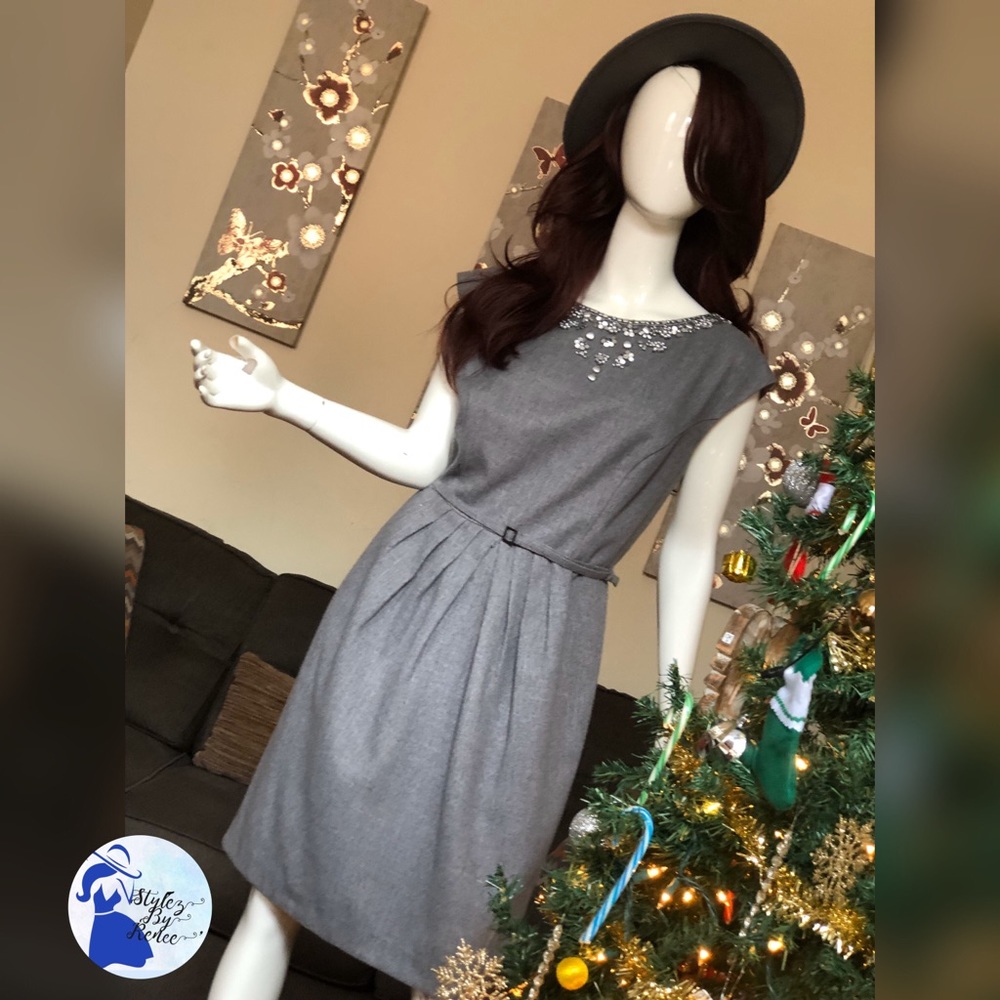 Gray Belted Knee-Length Dress